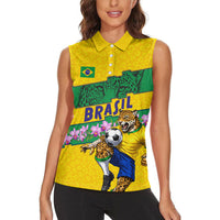 Personalized Brazil Soccer Women Sleeveless Polo Shirt Jaguar Football Mascot - National Flag and Floral Accents