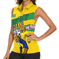 Personalized Brazil Soccer Women Sleeveless Polo Shirt Jaguar Football Mascot - National Flag and Floral Accents
