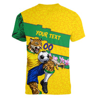 Personalized Brazil Soccer Women V-Neck T-Shirt Jaguar Football Mascot - National Flag and Floral Accents
