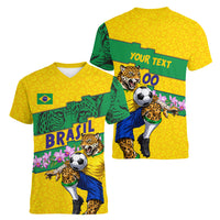 Personalized Brazil Soccer Women V-Neck T-Shirt Jaguar Football Mascot - National Flag and Floral Accents