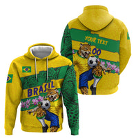 Personalized Brazil Soccer Zip Hoodie Jaguar Football Mascot - National Flag and Floral Accents