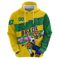 Personalized Brazil Soccer Zip Hoodie Jaguar Football Mascot - National Flag and Floral Accents