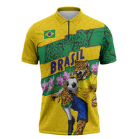Personalized Brazil Soccer Zipper Polo Shirt Jaguar Football Mascot - National Flag and Floral Accents