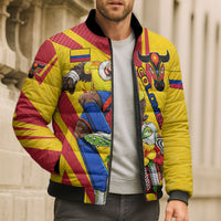 Personalized Colombia Football Vulture Mascot Bomber Puffer Jacket Vibrant Barranquilla Carnival Style - Vueltiao Hat And Accordion