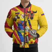 Personalized Colombia Football Vulture Mascot Bomber Puffer Jacket Vibrant Barranquilla Carnival Style - Vueltiao Hat And Accordion