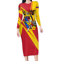 Personalized Colombia Football Vulture Mascot Long Sleeve Bodycon Dress Vibrant Barranquilla Carnival Style - Vueltiao Hat And Accordion
