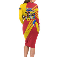 Personalized Colombia Football Vulture Mascot Long Sleeve Bodycon Dress Vibrant Barranquilla Carnival Style - Vueltiao Hat And Accordion