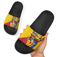 Personalized Colombia Football Vulture Mascot Slide Sandals Vibrant Barranquilla Carnival Style - Vueltiao Hat And Accordion