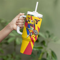 Personalized Colombia Football Vulture Mascot Tumbler With Handle Vibrant Barranquilla Carnival Style - Vueltiao Hat And Accordion