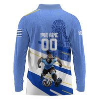 Personalized Uruguay Soccer Southern Lapwing Long Sleeve Polo Shirt Uruguayan Football Blue Topographic Pattern