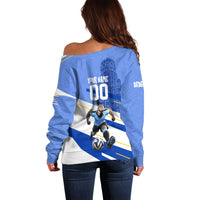 Personalized Uruguay Soccer Southern Lapwing Off Shoulder Sweater Uruguayan Football Blue Topographic Pattern