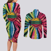 Lithuania Tie Dye Basketball Couples Matching Long Sleeve Bodycon Dress and Long Sleeve Button Shirt with Skeleton Dunk Graphic and Retro Colors - Wonder Print Shop