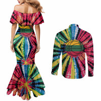 Lithuania Tie Dye Basketball Couples Matching Mermaid Dress and Long Sleeve Button Shirt with Skeleton Dunk Graphic and Retro Colors - Wonder Print Shop