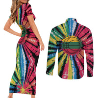 Lithuania Tie Dye Basketball Couples Matching Short Sleeve Bodycon Dress and Long Sleeve Button Shirt with Skeleton Dunk Graphic and Retro Colors - Wonder Print Shop