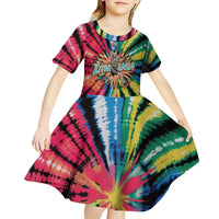 Lithuania Tie Dye Basketball Kid Short Sleeve Dress with Skeleton Dunk Graphic and Retro Colors - Wonder Print Shop