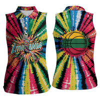 Lithuania Tie Dye Basketball Women Sleeveless Polo Shirt with Skeleton Dunk Graphic and Retro Colors - Wonder Print Shop