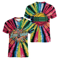 Lithuania Tie Dye Basketball Women V-Neck T-Shirt with Skeleton Dunk Graphic and Retro Colors - Wonder Print Shop
