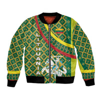 Lithuania Knight Pattern Bomber Jacket with Traditional Green Yellow Red Design and Vytis Emblem - Wonder Print Shop
