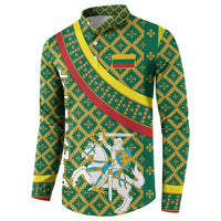 Lithuania Knight Pattern Button Sweatshirt with Traditional Green Yellow Red Design and Vytis Emblem - Wonder Print Shop