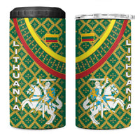 Lithuania Knight Pattern 4 in 1 Can Cooler Tumbler with Traditional Green Yellow Red Design and Vytis Emblem - Wonder Print Shop