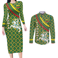 Lithuania Knight Pattern Couples Matching Long Sleeve Bodycon Dress and Long Sleeve Button Shirt with Traditional Green Yellow Red Design and Vytis Emblem - Wonder Print Shop