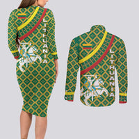 Lithuania Knight Pattern Couples Matching Long Sleeve Bodycon Dress and Long Sleeve Button Shirt with Traditional Green Yellow Red Design and Vytis Emblem - Wonder Print Shop