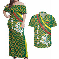 Lithuania Knight Pattern Couples Matching Off Shoulder Maxi Dress and Hawaiian Shirt with Traditional Green Yellow Red Design and Vytis Emblem - Wonder Print Shop