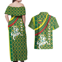 Lithuania Knight Pattern Couples Matching Off Shoulder Maxi Dress and Hawaiian Shirt with Traditional Green Yellow Red Design and Vytis Emblem - Wonder Print Shop