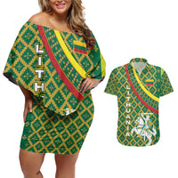 Lithuania Knight Pattern Couples Matching Off Shoulder Short Dress and Hawaiian Shirt with Traditional Green Yellow Red Design and Vytis Emblem - Wonder Print Shop