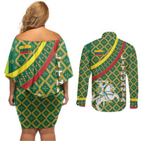 Lithuania Knight Pattern Couples Matching Off Shoulder Short Dress and Long Sleeve Button Shirt with Traditional Green Yellow Red Design and Vytis Emblem - Wonder Print Shop