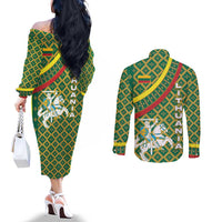 Lithuania Knight Pattern Couples Matching Off The Shoulder Long Sleeve Dress and Long Sleeve Button Shirt with Traditional Green Yellow Red Design and Vytis Emblem - Wonder Print Shop