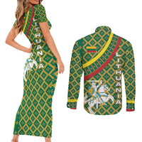 Lithuania Knight Pattern Couples Matching Short Sleeve Bodycon Dress and Long Sleeve Button Shirt with Traditional Green Yellow Red Design and Vytis Emblem - Wonder Print Shop