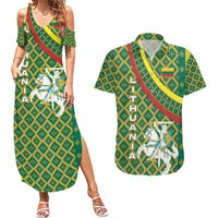 Lithuania Knight Pattern Couples Matching Summer Maxi Dress and Hawaiian Shirt with Traditional Green Yellow Red Design and Vytis Emblem - Wonder Print Shop