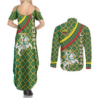 Lithuania Knight Pattern Couples Matching Summer Maxi Dress and Long Sleeve Button Shirt with Traditional Green Yellow Red Design and Vytis Emblem - Wonder Print Shop