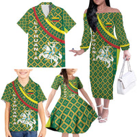 Lithuania Knight Pattern Family Matching Off The Shoulder Long Sleeve Dress and Hawaiian Shirt with Traditional Green Yellow Red Design and Vytis Emblem - Wonder Print Shop