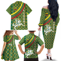 Lithuania Knight Pattern Family Matching Off The Shoulder Long Sleeve Dress and Hawaiian Shirt with Traditional Green Yellow Red Design and Vytis Emblem - Wonder Print Shop