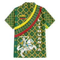 Lithuania Knight Pattern Family Matching Off The Shoulder Long Sleeve Dress and Hawaiian Shirt with Traditional Green Yellow Red Design and Vytis Emblem - Wonder Print Shop