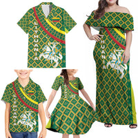 Lithuania Knight Pattern Family Matching Off Shoulder Maxi Dress and Hawaiian Shirt with Traditional Green Yellow Red Design and Vytis Emblem - Wonder Print Shop