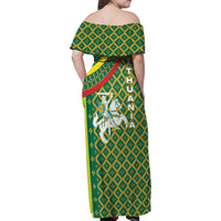 Lithuania Knight Pattern Family Matching Off Shoulder Maxi Dress and Hawaiian Shirt with Traditional Green Yellow Red Design and Vytis Emblem - Wonder Print Shop