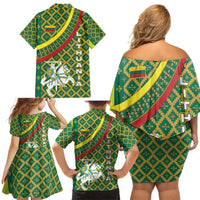 Lithuania Knight Pattern Family Matching Off Shoulder Short Dress and Hawaiian Shirt with Traditional Green Yellow Red Design and Vytis Emblem - Wonder Print Shop