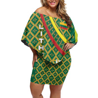 Lithuania Knight Pattern Family Matching Off Shoulder Short Dress and Hawaiian Shirt with Traditional Green Yellow Red Design and Vytis Emblem - Wonder Print Shop