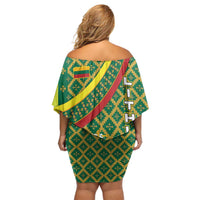 Lithuania Knight Pattern Family Matching Off Shoulder Short Dress and Hawaiian Shirt with Traditional Green Yellow Red Design and Vytis Emblem - Wonder Print Shop