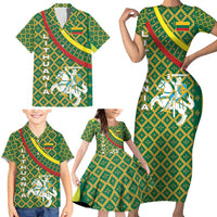 Lithuania Knight Pattern Family Matching Short Sleeve Bodycon Dress and Hawaiian Shirt with Traditional Green Yellow Red Design and Vytis Emblem - Wonder Print Shop