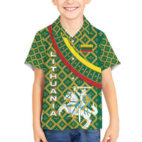 Lithuania Knight Pattern Hawaiian Shirt with Traditional Green Yellow Red Design and Vytis Emblem - Wonder Print Shop