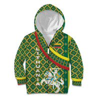 Lithuania Knight Pattern Kid Hoodie with Traditional Green Yellow Red Design and Vytis Emblem - Wonder Print Shop