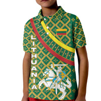 Lithuania Knight Pattern Kid Polo Shirt with Traditional Green Yellow Red Design and Vytis Emblem - Wonder Print Shop