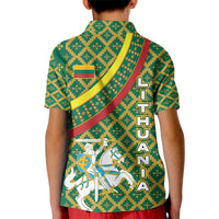Lithuania Knight Pattern Kid Polo Shirt with Traditional Green Yellow Red Design and Vytis Emblem - Wonder Print Shop