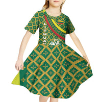 Lithuania Knight Pattern Kid Short Sleeve Dress with Traditional Green Yellow Red Design and Vytis Emblem - Wonder Print Shop