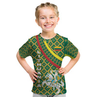 Lithuania Knight Pattern Kid T Shirt with Traditional Green Yellow Red Design and Vytis Emblem - Wonder Print Shop