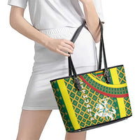 Lithuania Knight Pattern Leather Tote Bag with Traditional Green Yellow Red Design and Vytis Emblem - Wonder Print Shop
